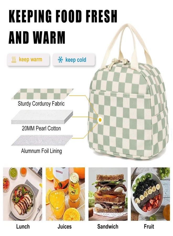 Dezcrab Corduroy Lunch Box for Women Girls, Cooler Lunch Bags Reusable Insulated Lunchbox for Picnic School Work Travel (Checkered Green) - Image 3